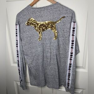 Victoria’s Secret PINK Bling Campus Long Sleeve Tee – Gray, Gold Sequin Dog